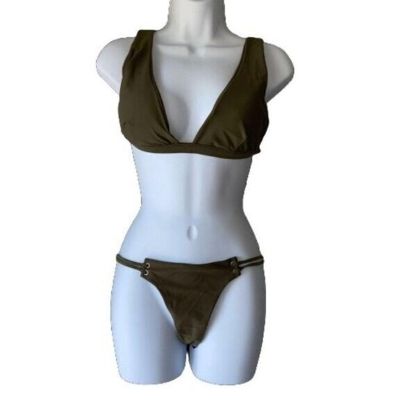 Olive Green Triangle Ribbed Bikini Top Two‎ Piece Swimsuit Medium - Picture 1 of 7